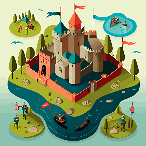 a presentation with a castle showing defense layers, vector art, illustration, moat, draw bridge, guards, archers