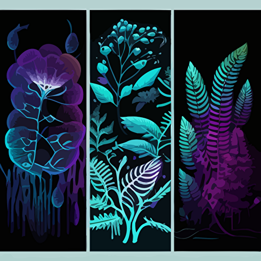 Vector illustrations, project design, plants and nature design with figures, use colors neon green, purple, light blue, white, black