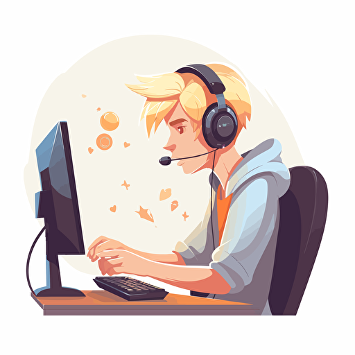 logo vector blond male student gaming on a keyboard mouse desktop pc and a monitor with his headphones on