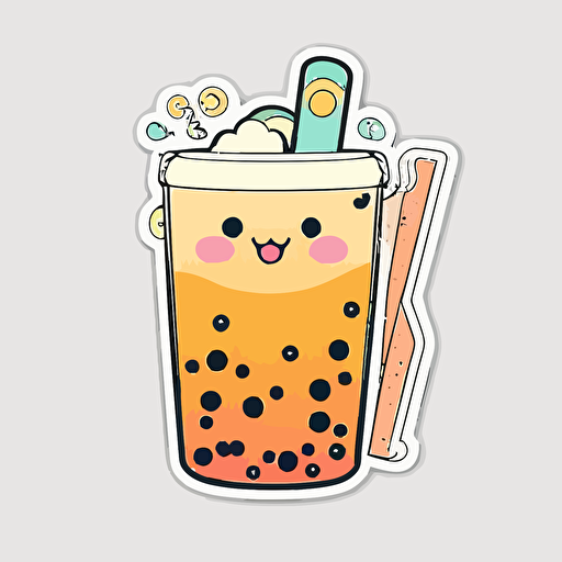 kawaii [pink, orange and yellow] boba tea [happy face] diecut sticker, adorable, neon colour, digital art, vector, white background, detailed