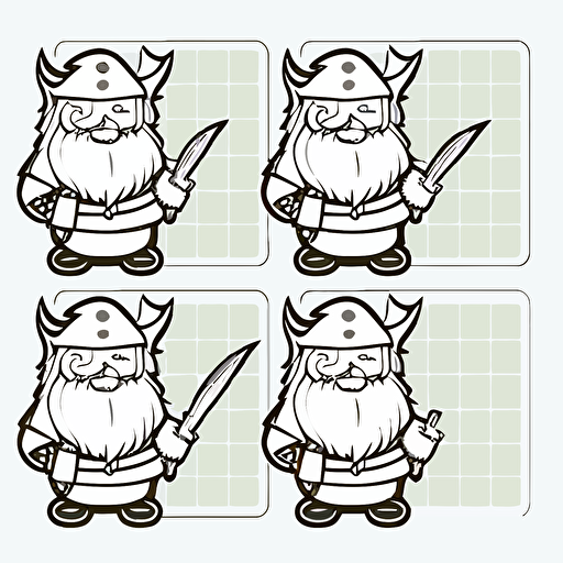 vector image white sheet with dwarf stickers, thick outline, 4 rows of 4 stickers
