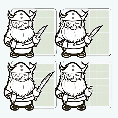 vector image white sheet with dwarf stickers, thick outline, 4 rows of 4 stickers