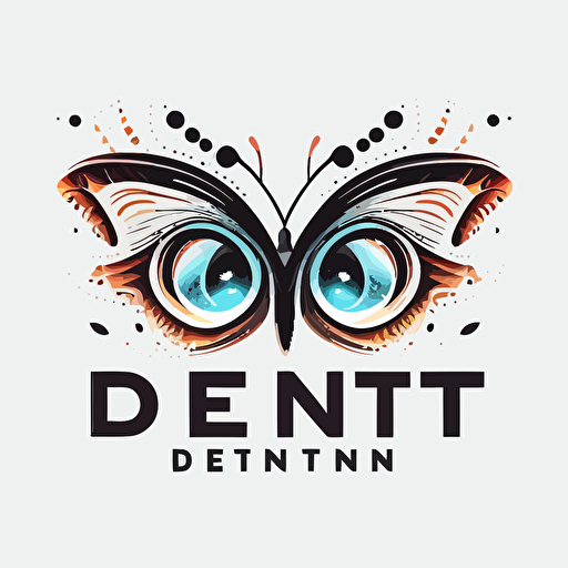 creating eye butterfly letters logo for my brand called dentic, vector 2d, clean, white background