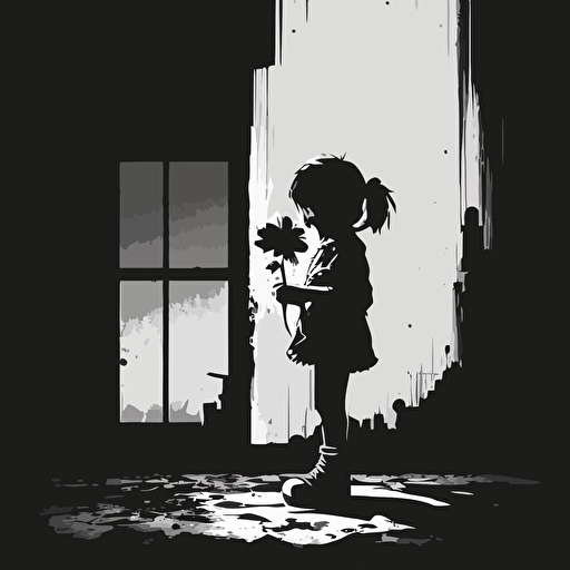 A minimalistic illustration of a sad little girl, looking to the floor, with a flower in her hand, and her shadow transforms into a destroyed building, style: minimalistic flat vectors, black and white, detailed, no shades.