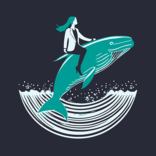 a committee logo of a young female doctor riding a whale, simple, vector