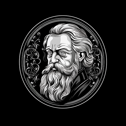 a whiskey logo, simple, falt desing, 2D, vector art, black and white, no gradients, shall contain a crystal bottle, shall contain a an old mann wiht long hair and beard