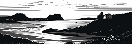 a black and white woodcut illustration of a maine island beach at sunset. black and a white. 2d. flat. vector.