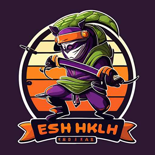 sushi ebi ninja, vector logo, vector art, emblem, cartoon, 2d, colours of purple orange and green.
