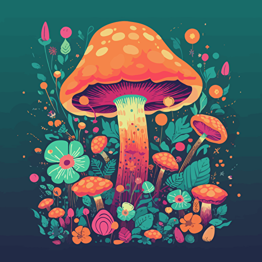 2d Vector image, Colourful, Mushroom and flowers, Stylised