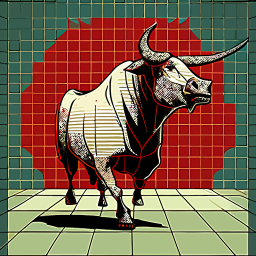 San Fermin Bull, proud, scary, tiled, manga like, kukuxumusu style, vector art, white background