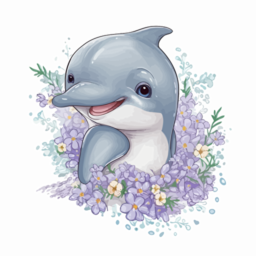 cute dolphin, detailed, cartoon style, 2d clipart vector, creative and imaginative, floral, hd, white background
