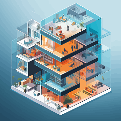 visualize interconnected data as multilevel isometric building with glass windows, vector shapes