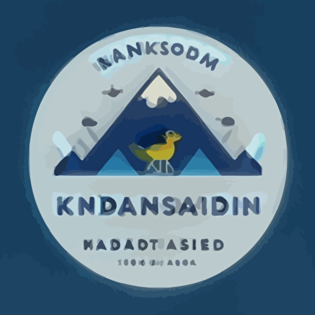 kindergarten logo, minimalist, flat simple vector, childish font, sans serif font, dark blue, teal, little bit of yellow, mountain, by Sam Larson
