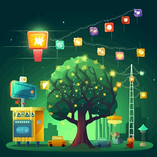 Design a game menu background, a funfair with trees flowers and people in it, add some electrical power equipment, 2.5D vector style, every thing is a cube.