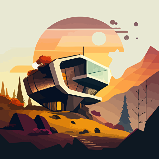 futuristic house on a hill overlooking a valley, vector art