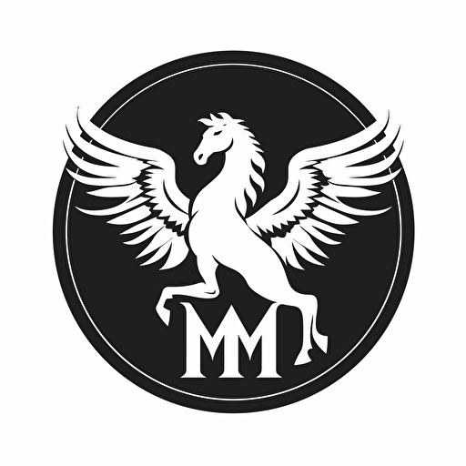 Vector image of M and Pegasus, logo art, brand logo, black and white, no background,
