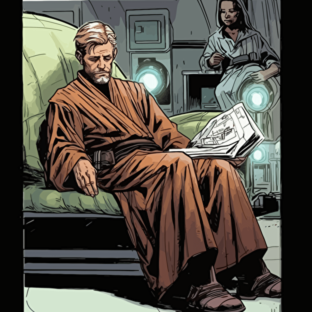 Luke skywallker wearing jedi robes lays in the chaise lounge, arms crossed, lightsaber gripped in one hand, silent. He stares at the floor, avoiding eye contact with the psychiatrist, Dr. Froyd. The doctor leans forward in his chair, eyes narrowed in curiosity, and speaks. "Luke, I know this must be difficult for you, but I need to tell me about your father. comic book style vectorr drawing