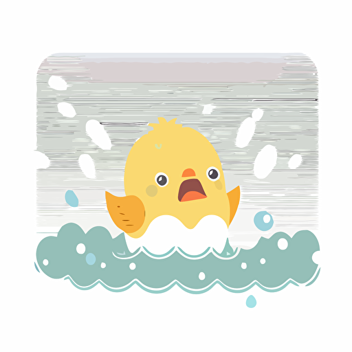 scared baby yellow chick being blown in the sky above a river, white background, flat color vector art