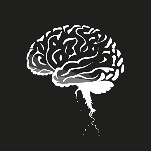minimalist cartoon brain, 2d vector, black and white, plain black background