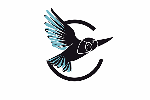in the forground there is a swift bird flying fast, in background there is a DSLR camera, vector logo, minimalist, simple, two color, blue, white, black
