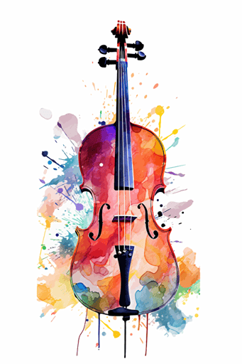 colorful watercolor splatter painting of a cello on white background , vector svg format