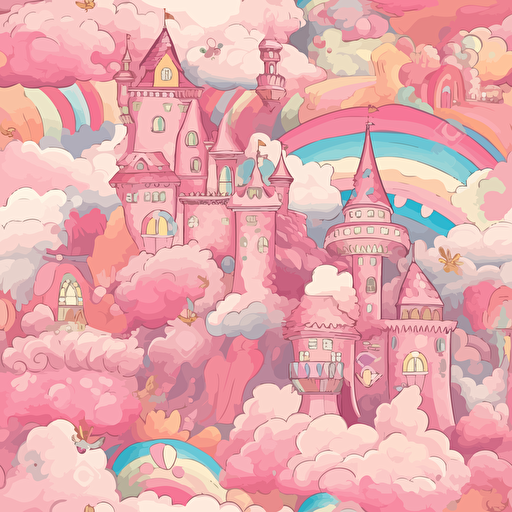 Pink Castle Of Princess Fantasy Flying Palace In White Magic Clouds Fairytale Royal Heaven Palace Cartoon Magical Rainbow Vector Illustration pink white