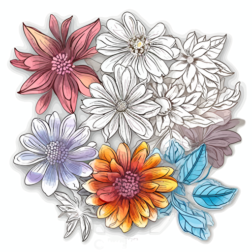 different Flowers, Sticker, Radiant, Iridescent Colors, Photorealism, Contour, Vector, White Background