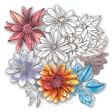 different Flowers, Sticker, Radiant, Iridescent Colors, Photorealism, Contour, Vector, White Background