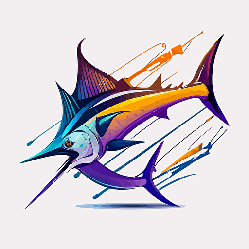 tri-color purple blue and orange swordfish caught by lure logo vector art