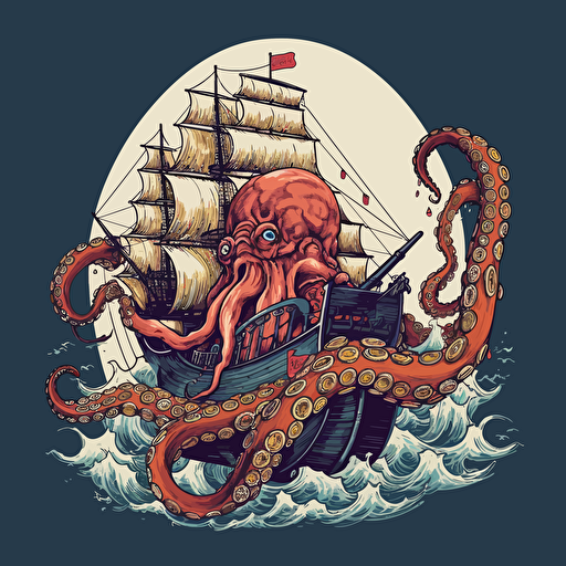 an octopus attacking a ship in a vector image with no background