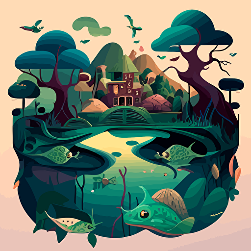 Inspired by Salvador Dalí's Surrealism, create a vector illustration of a whimsical landscape where frogs and humans interact in unusual, dreamlike scenarios. Use distorted perspectives and a vivid color palette. Set the scene in an imaginative world.