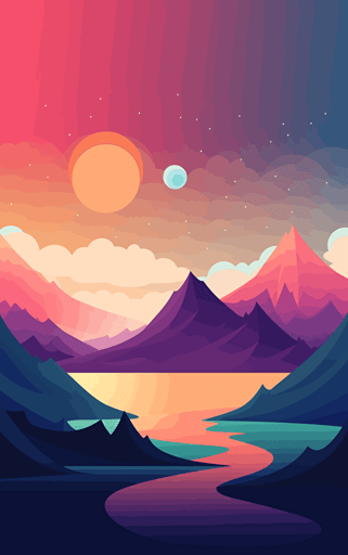 Vector design Minimal Hiroshi Nagai Inspired Clean and minimalistic styleScene depicting a [alien moutain with jupiter and ocean and clear sky][PASTEL and warm color scheme]