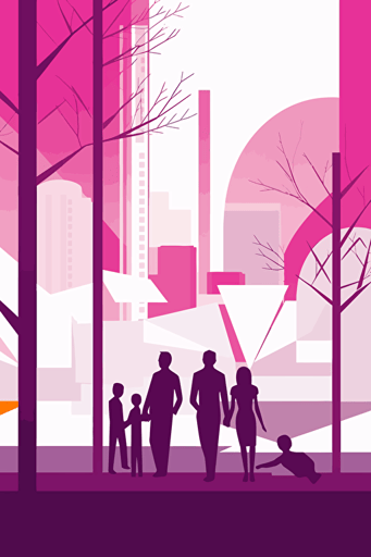 vector, minimalist, geometric, family, in front of the city of Nanterre in france, trees, orange, white,