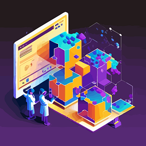 isometric vector illustration with a beautuful bright gradient blue purple gold color palette. Several human scientists are performing various image annotation tasks, consulting metrics and analytics, creating regions of interst on a computer