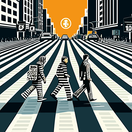 Influenced by the iconic Beatles' "Abbey Road" album cover, create a vector illustration of Satoshi Nakamoto and three other prominent figures from the world of cryptocurrencies crossing a zebra-striped crosswalk. Set the scene on a sunny day in a busy city.