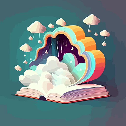 a dream-like cloud growing out of a book, illustration style, low angle, flat art, vector, imagination