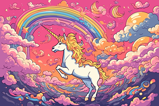 cartoon, anime, vector, Générez une image d'une licorne rose volant dans le ciel, dans un monde imaginaire rempli de bonbons et de couleurs vives. Le paysage doit être un arc-en-ciel coloré et rempli de nuages ​​moelleux. Ajoutez des détails supplémentaires comme des rayures sur la queue de la licorne, des motifs de bonbons sur le paysage.