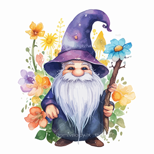 cute wizard, flowers, detailed, cartoon style, 2d watercolor clipart vector, creative and imaginative, hd, white background