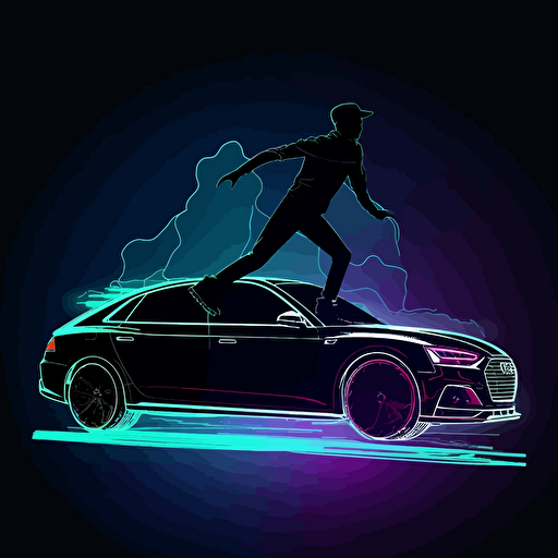 2023 audi a5 sportback and Rococo neon light,vector illustration, silhouette of a person extreme sports, dynamic posture