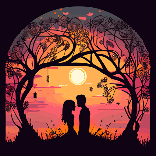 young couple, in love, in a garden with a wonderful view of the sunset and trees, in vector