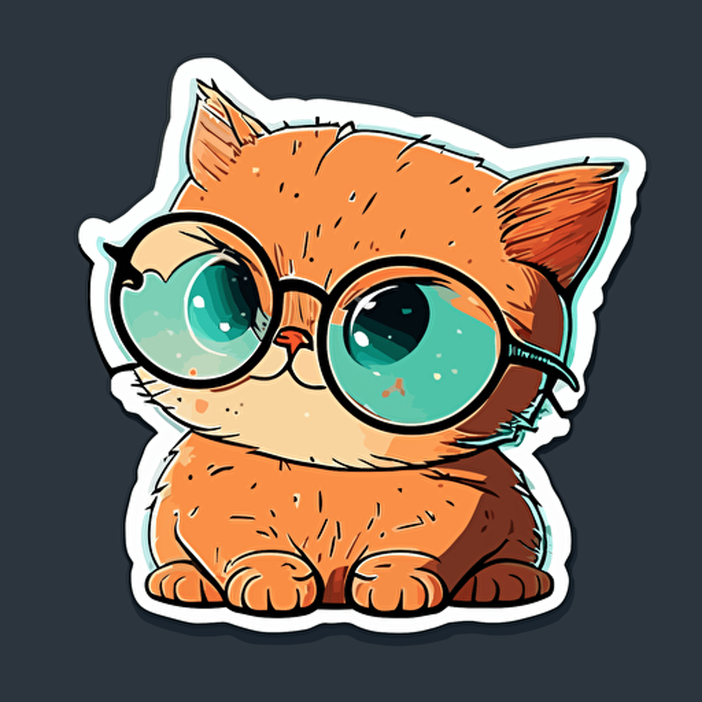 Very cute kitty with glasses pixar style, 2d flat design, vector, cut sticker