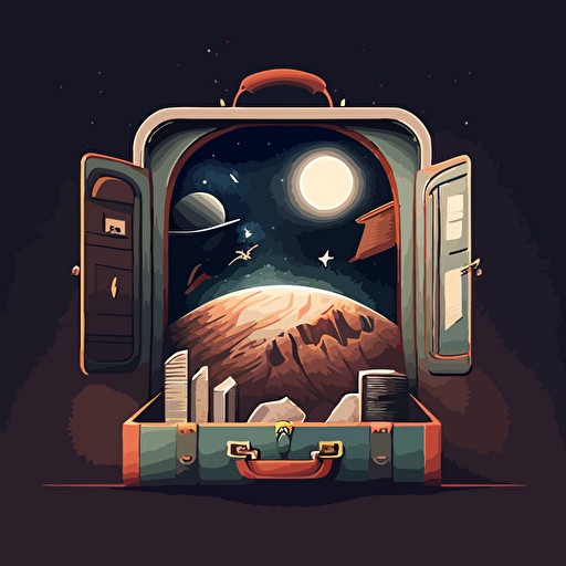 An illustrated scene of a briefcase with a space scene around it. Vector. Moody