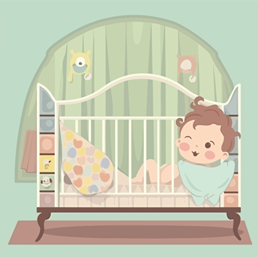 a happy little baby lying down in her crib in a baby room. Vector illustration.