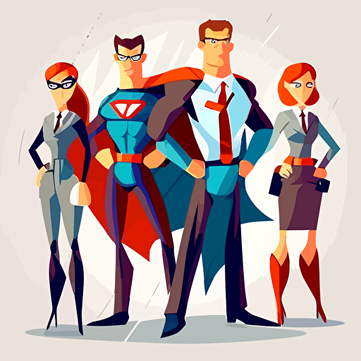 team of young office workers as superheroes, dramatic pose, white background, vector illustration
