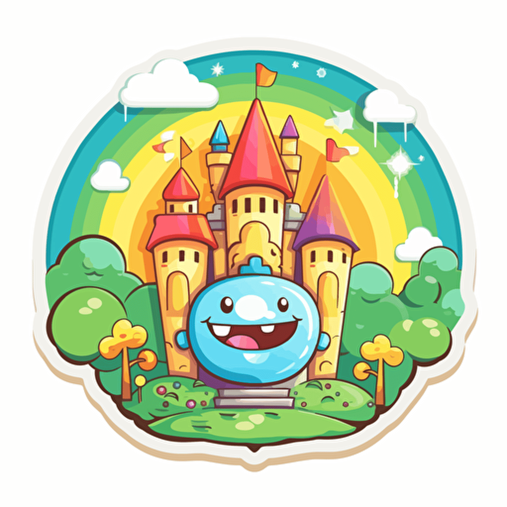 vector sticker design, happy vibes castle with a road, with sun behind castle, elf in front, elf is holding a balloon, birthday party, colorful lights, sunny day, white outline, on a badge, super crisp edges