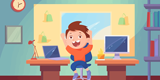 A boy in a warm room, sitting in front of the computer to learn, happy expression. Scene. 2D, vector illustration, bright colors. Drawing using AI.
