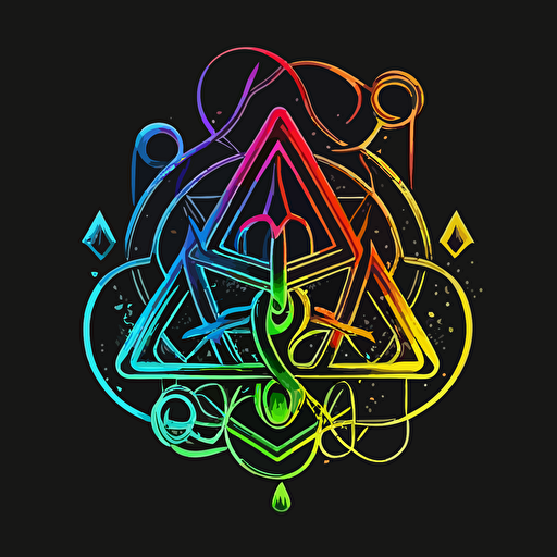 Make a highly detailed vector image of a logo for new apparel company, make this design modern and simple, intense neon rainbow outline, in the style of a 1940's alchemical symbol for the philosopher's stone, v5