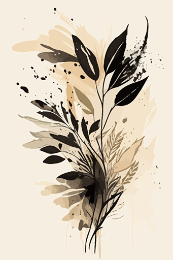 Simple beige and black abstract watercolour botanical illustration, vector