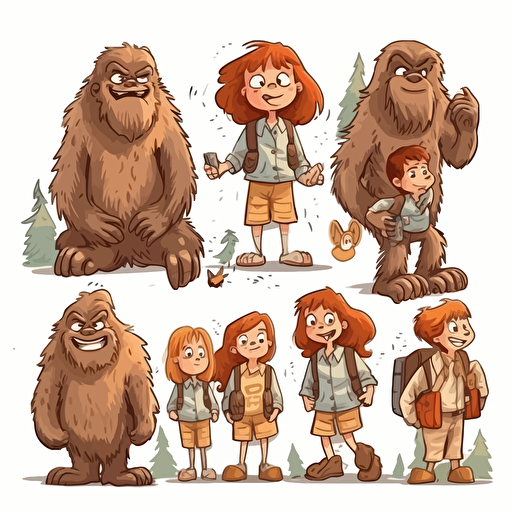 Bigfoot children´s movie, vector style, multiple poses and expressions, cartoon comic, children's book illustration style, white background