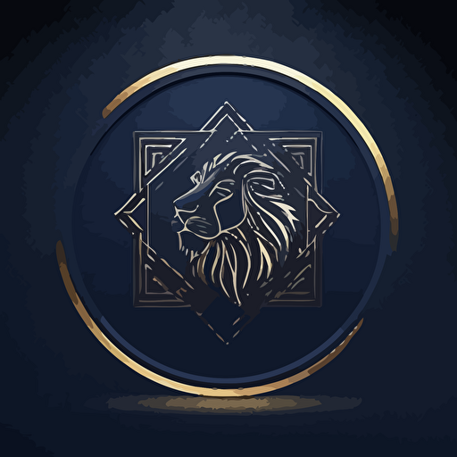 minimalist circle with golden borders vector logo, dark blue background, a geometric lion inside the circle.
